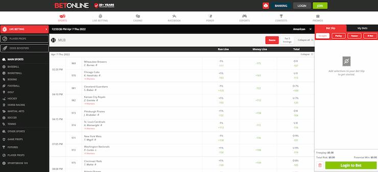 BetOnline betting options home page.