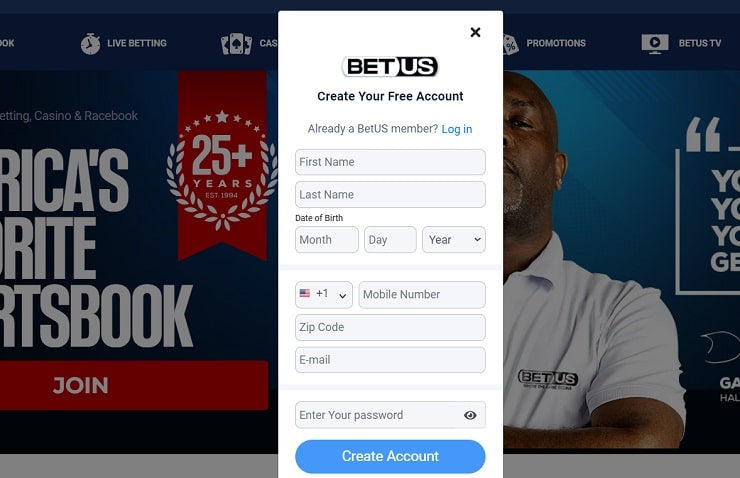 BetUS Sign Up Form