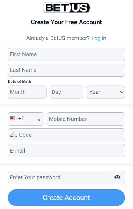 BetUS Sign Up Form Mobile