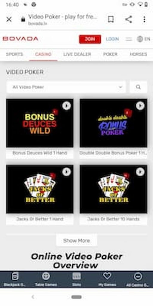 Bovada mobile video poker page