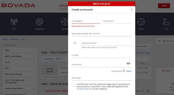 Bovada Sign up page