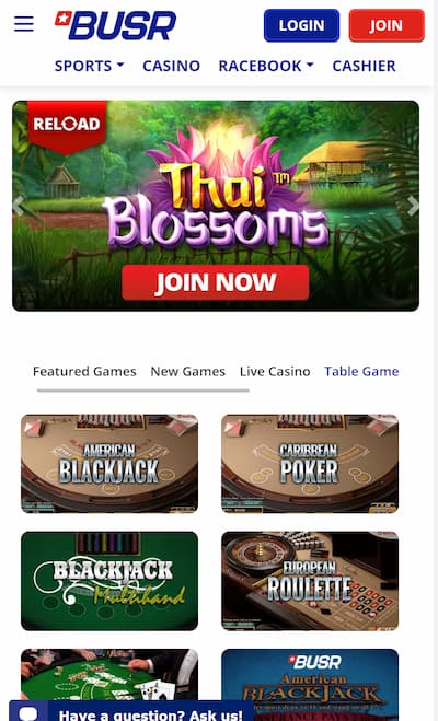 BUSR Mobile Casino homepage