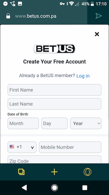 BetOnline sign up screen